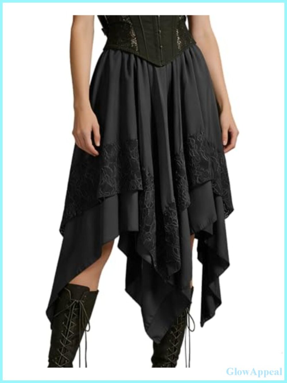 Lace Trim High Low A-Line Midi Skirt Fairy Grunge Renaissance Cosplay